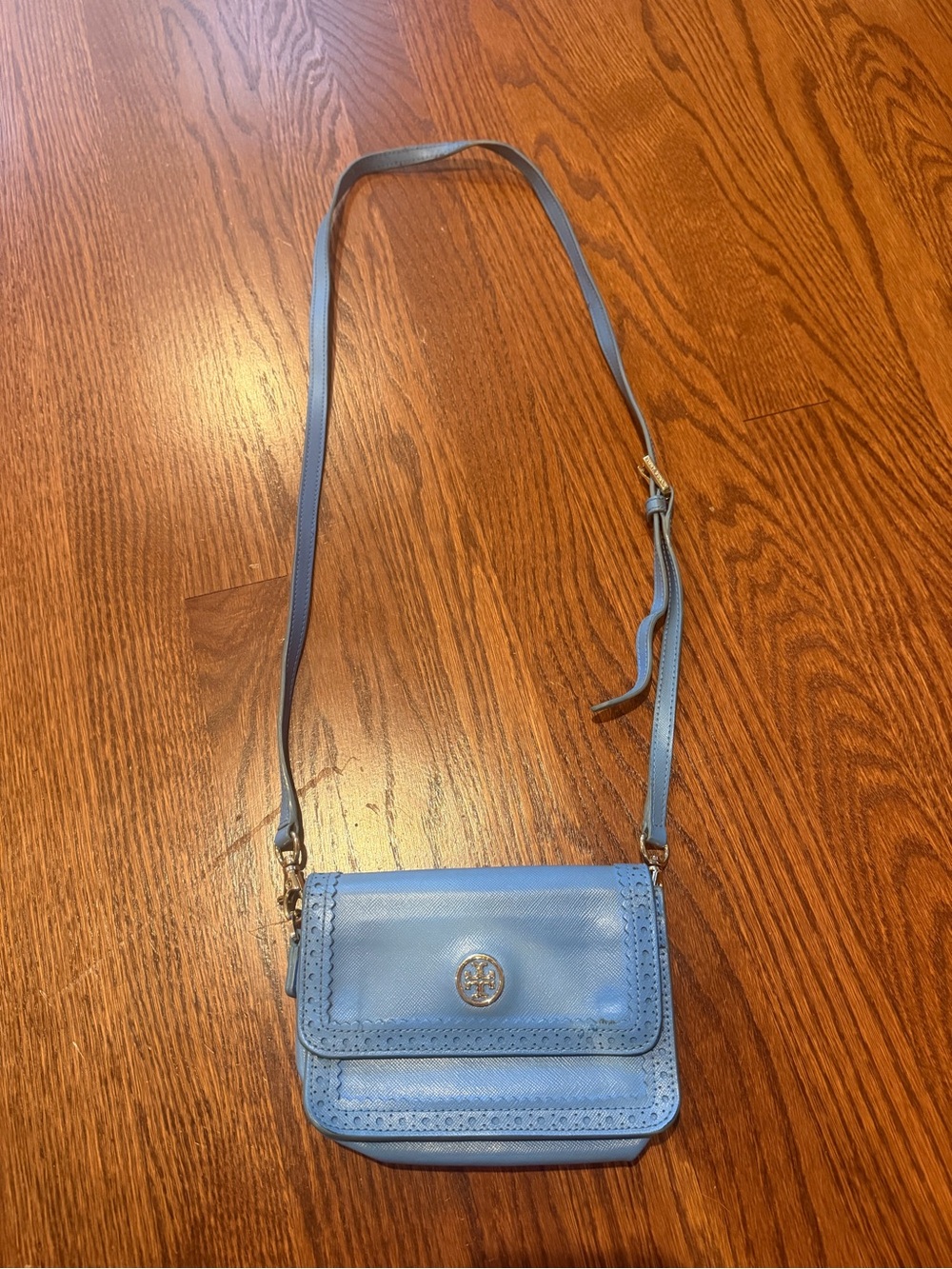 Tory Burch Light Blue Leather Saffiano Mini Crossbody Bag